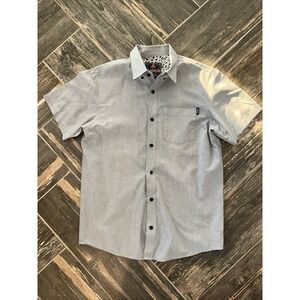 Mens Gray Short Sleeve Button Up Shirt Casual Collared Top Size Medium